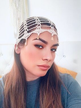 Boho Handmade Crochet Net beret/hat with Gold marine Charms. Ivory. One size.New